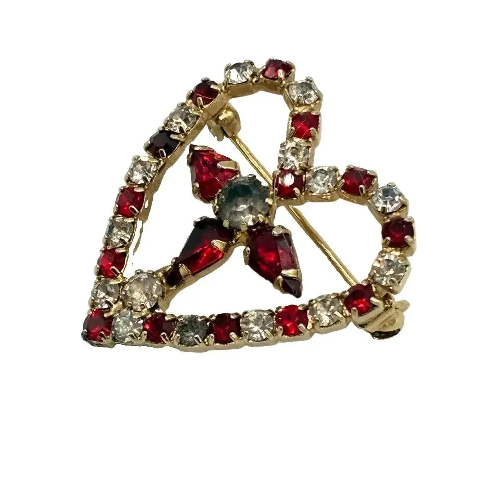 Vintage Rhinestone Heart Brooch Red Clear Open Design Center Cross Pin